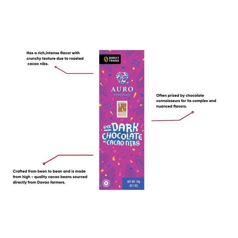 Auro Chocolate - 64% Dark Chocolate with Cacao Nibs 20g