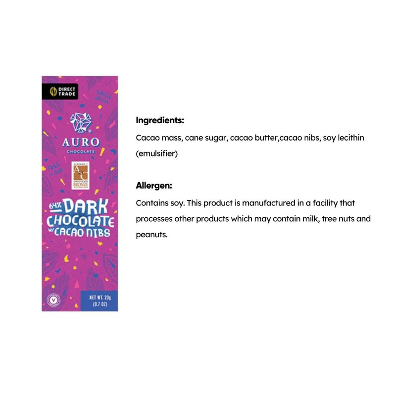 Auro Chocolate - 64% Dark Chocolate with Cacao Nibs 20g