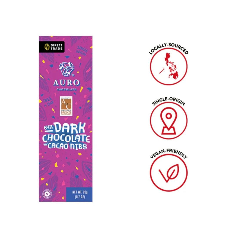 Auro Chocolate - 64% Dark Chocolate with Cacao Nibs 20g
