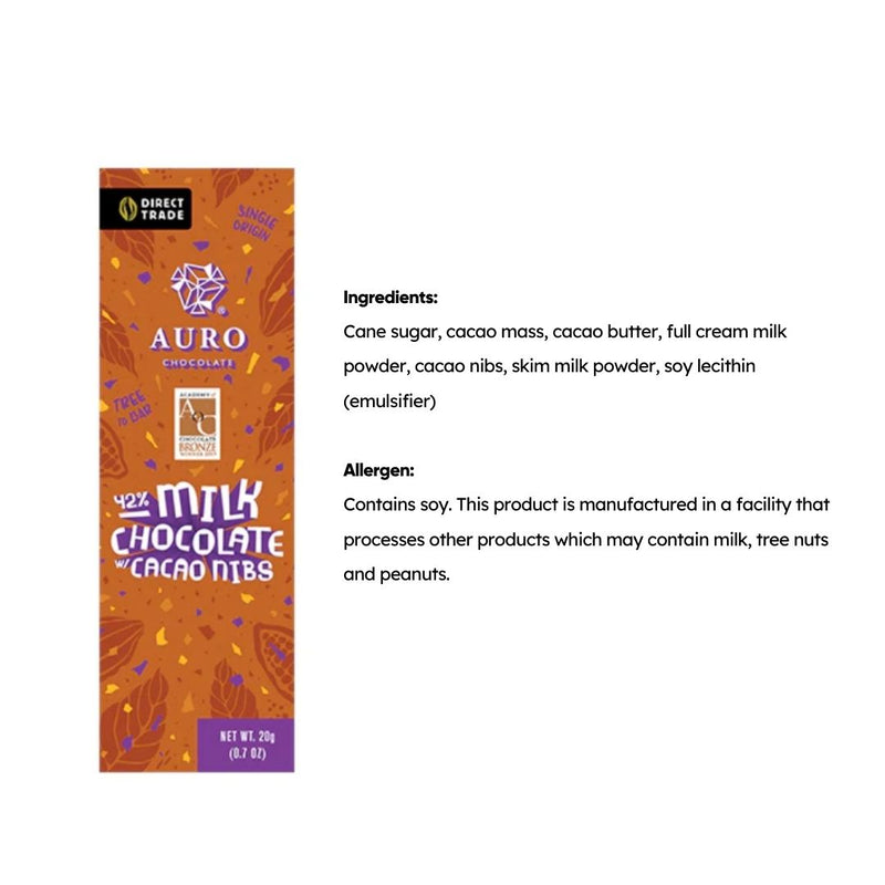 Auro Chocolate - 42% Milk Chocolate with Cacao Nibs Bar 20g