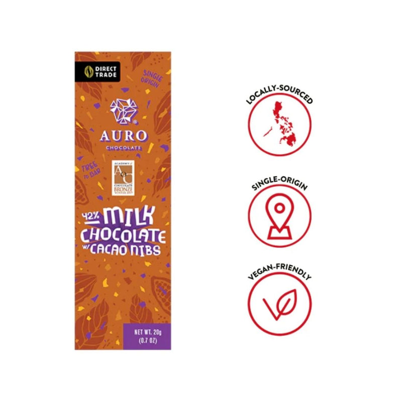 Auro Chocolate - 42% Milk Chocolate with Cacao Nibs Bar 20g