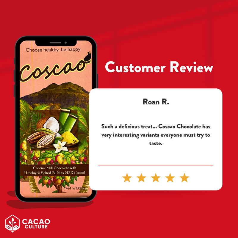 Coscao Chocolate - 43% Coconut Milk Chocolate with Himalayan Salted Pili Nuts Bar 80g