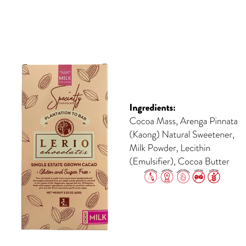 Lerio Chocolate - 35% Sugar-Free Milk Chocolate Bar 63g