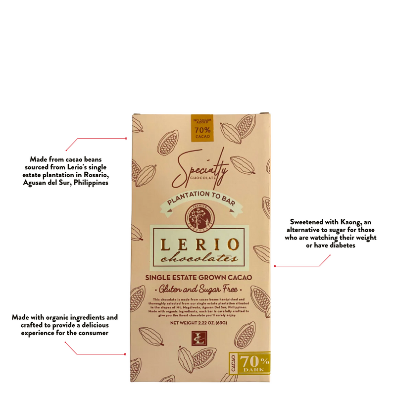 Lerio Chocolate - 70% Sugar-Free Dark Chocolate Bar 63g