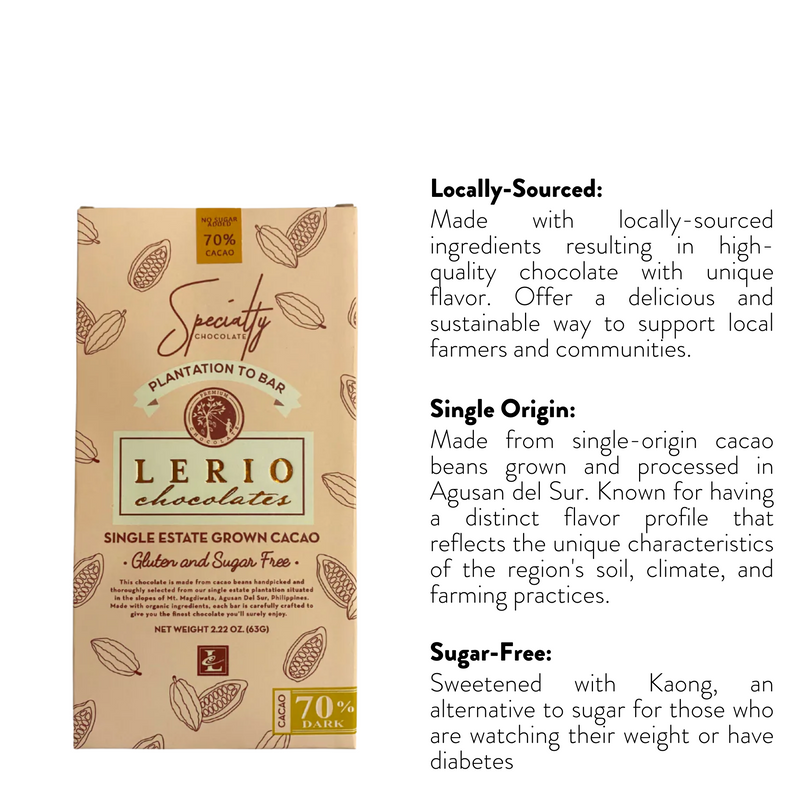 Lerio Chocolate - 70% Sugar-Free Dark Chocolate Bar 63g