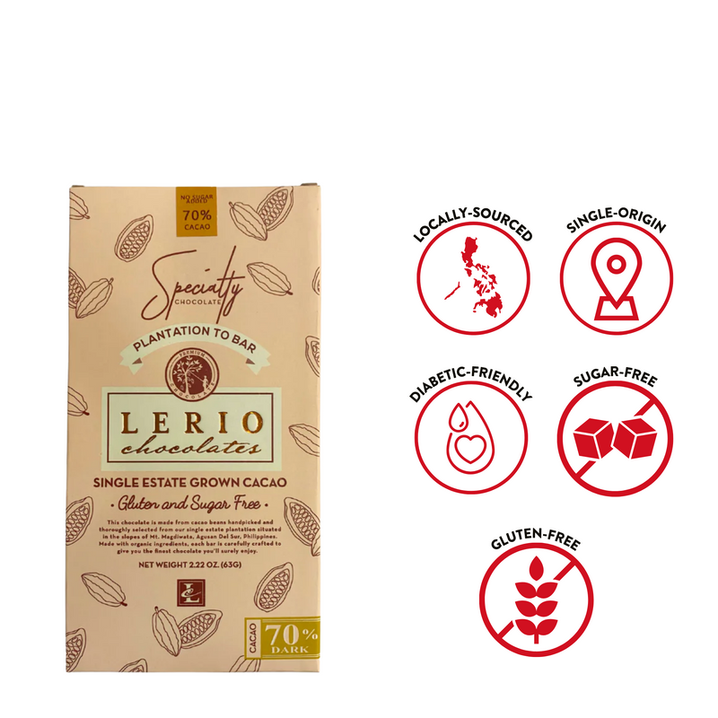 Lerio Chocolate - 70% Sugar-Free Dark Chocolate Bar 63g