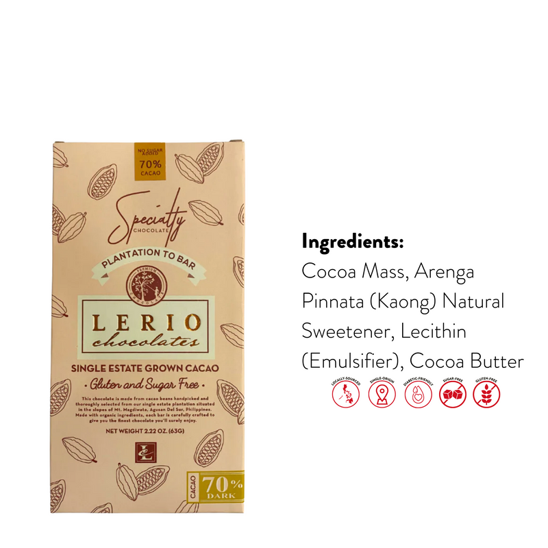 Lerio Chocolate - 70% Sugar-Free Dark Chocolate Bar 63g