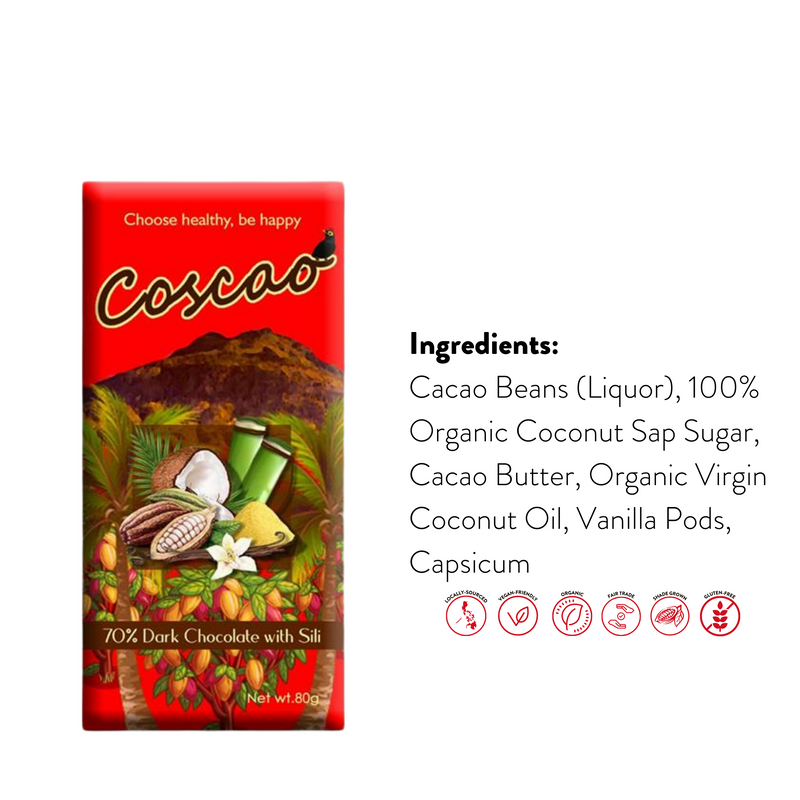 Coscao Chocolate - 70% Dark Chocolate with Sili Bar 80g