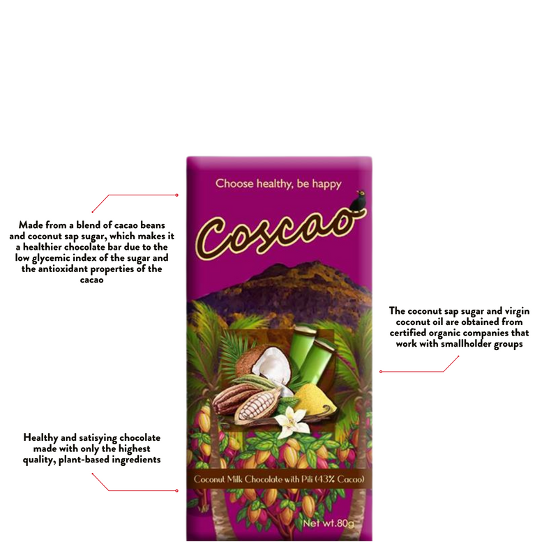 Coscao Chocolate - 43% Coconut Milk Chocolate with Pili Bar 80g
