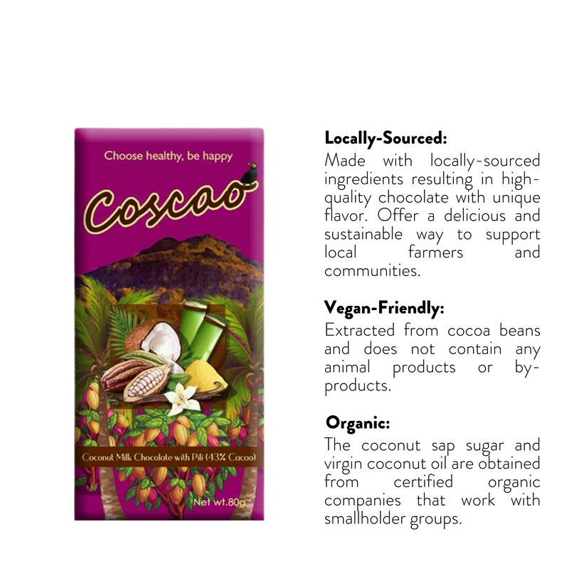 Coscao Chocolate - 43% Coconut Milk Chocolate with Pili Bar 80g