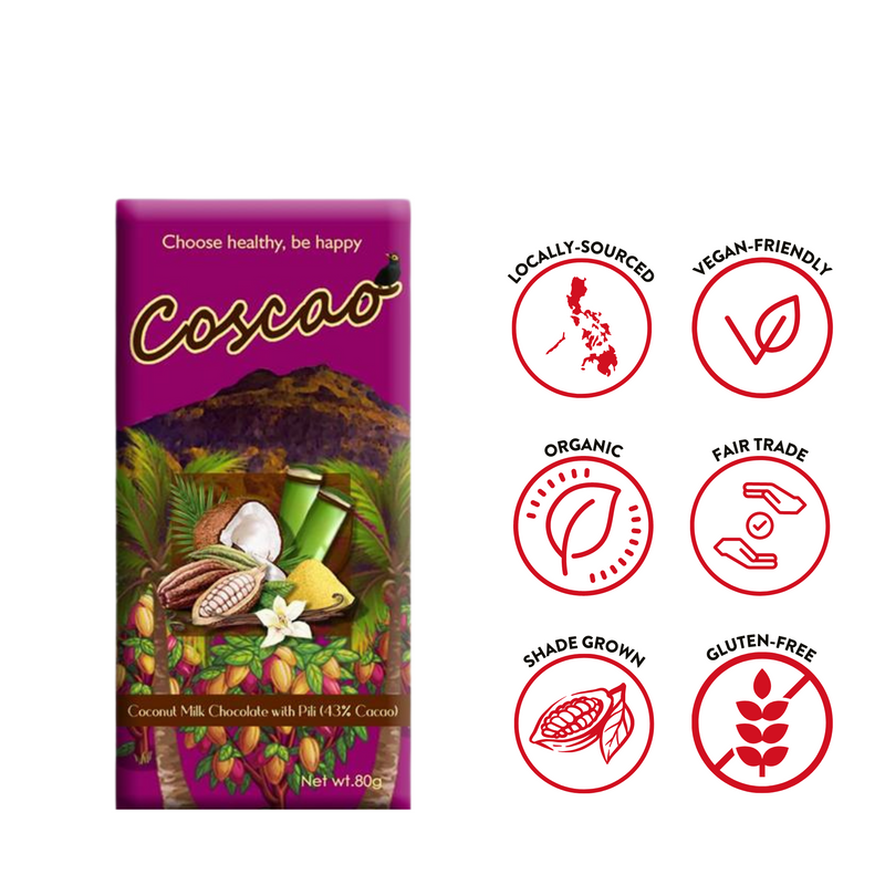 Coscao Chocolate - 43% Coconut Milk Chocolate with Pili Bar 80g