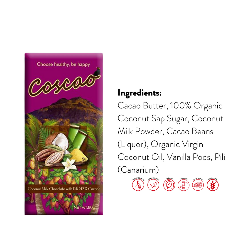 Coscao Chocolate - 43% Coconut Milk Chocolate with Pili Bar 80g