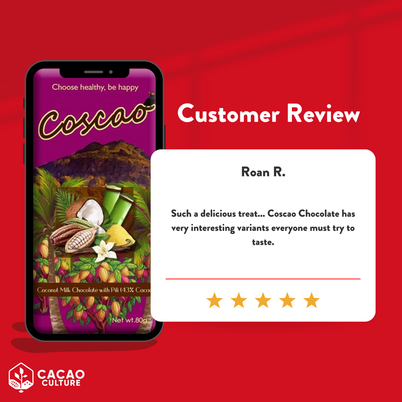Coscao Chocolate - 43% Coconut Milk Chocolate with Pili Bar 80g