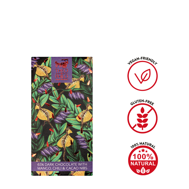 Theo and Philo - 65% Dark Chocolate with Mango, Chili and Cacao Nibs 45g