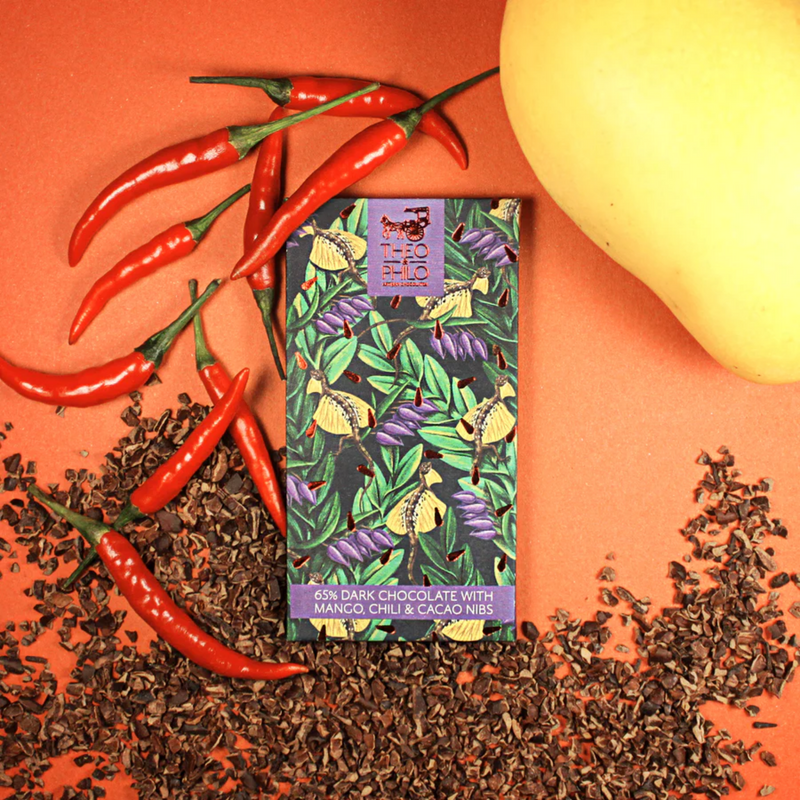 Theo and Philo - 65% Dark Chocolate with Mango, Chili and Cacao Nibs 45g