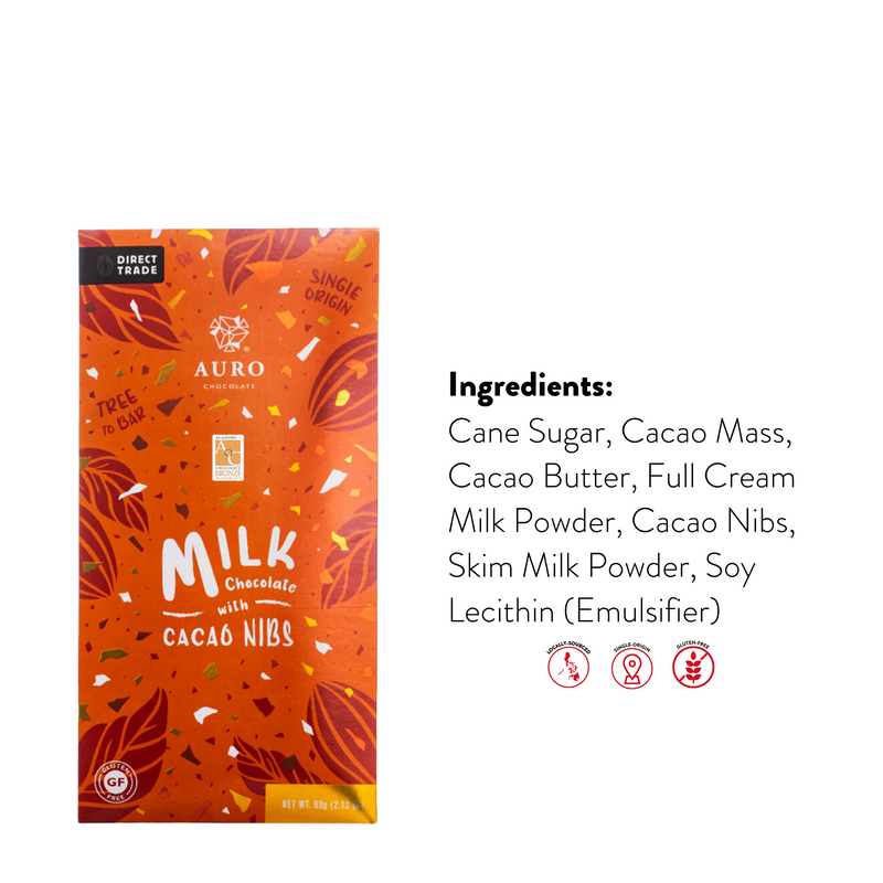 Auro Chocolate - 42% Milk Chocolate with Cacao Nibs Bar 60g