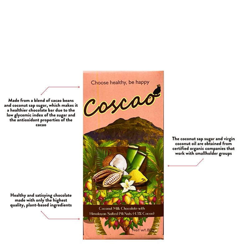 Coscao Chocolate - 43% Coconut Milk Chocolate with Himalayan Salted Pili Nuts Bar 80g