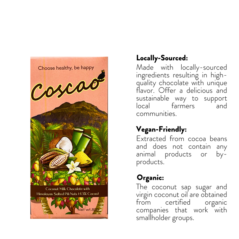 Coscao Chocolate - 43% Coconut Milk Chocolate with Himalayan Salted Pili Nuts Bar 80g