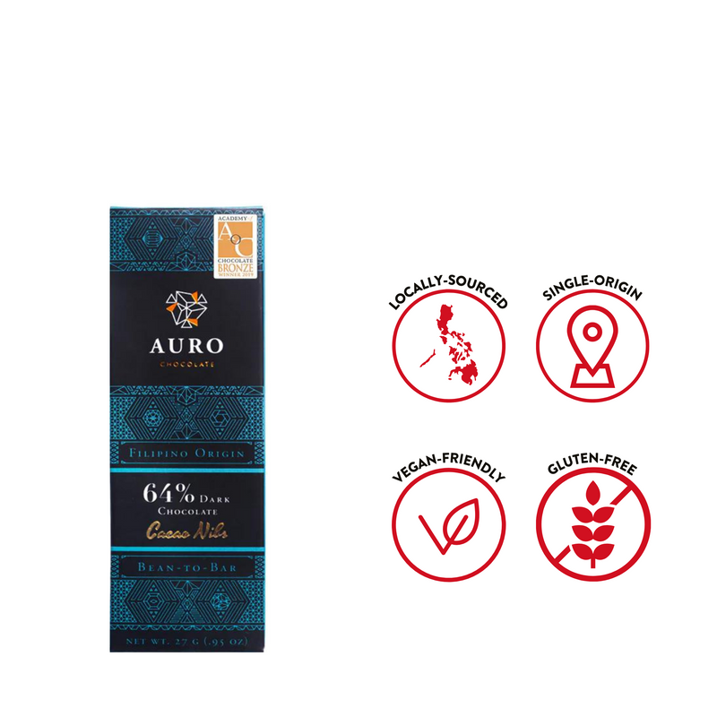 Auro Chocolate - 64% Dark Chocolate with Cacao Nibs Bar 27g