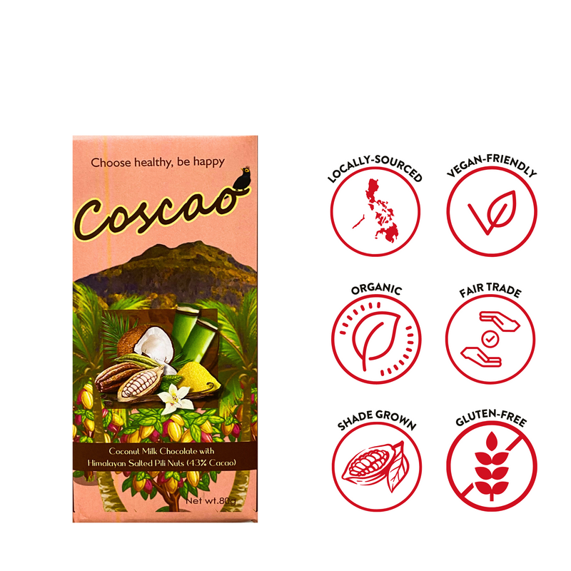 Coscao Chocolate - 43% Coconut Milk Chocolate with Himalayan Salted Pili Nuts Bar 80g