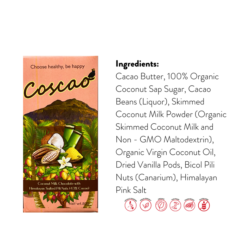 Coscao Chocolate - 43% Coconut Milk Chocolate with Himalayan Salted Pili Nuts Bar 80g