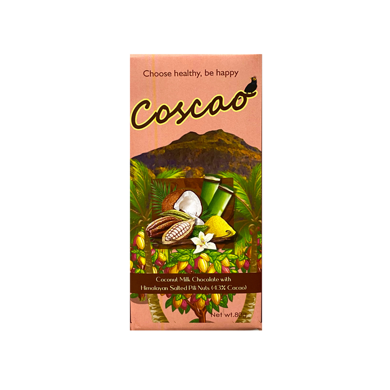 Coscao Chocolate - 43% Coconut Milk Chocolate with Himalayan Salted Pili Nuts Bar 80g